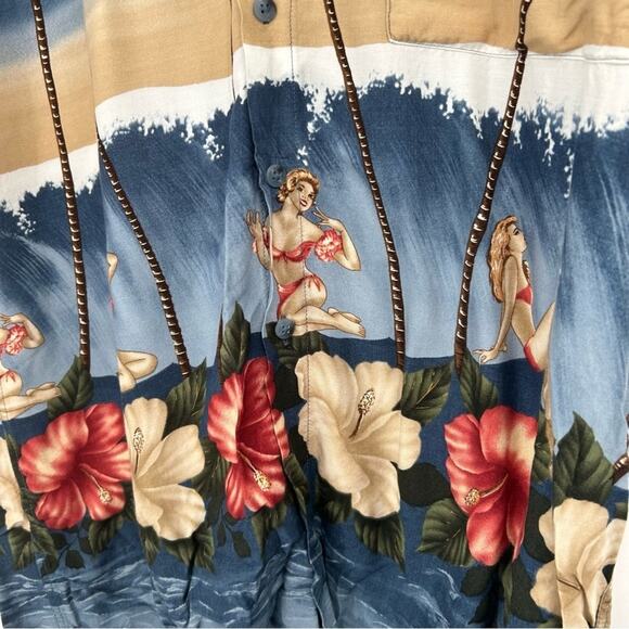 Campia Moda 100% Rayon Beach Girl Hibiscus Hawaiian Button Down Shirt Size M - Picture 3 of 7